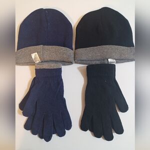 Reversible Gray-Trim Knit Beanie and Gloves Set - Men